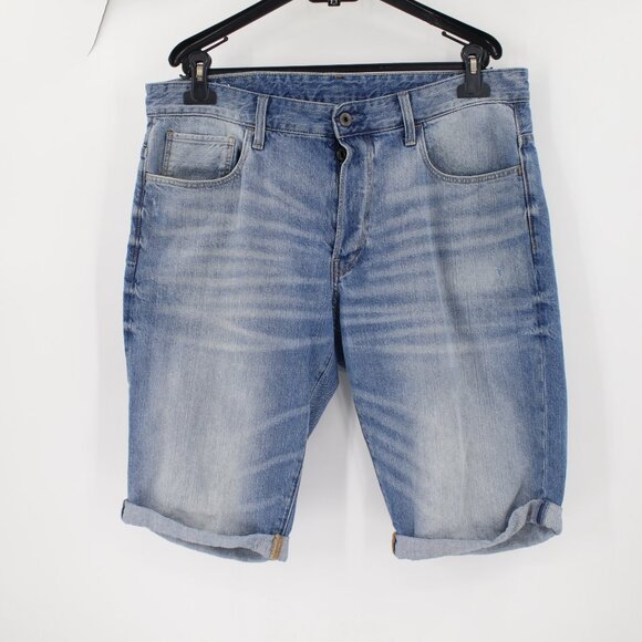 G Star 3301 Shorts Mens 36 Blue Raw Denim Button Fly whiskering cuffed stretch - Picture 1 of 12